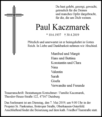 Traueranzeige von Paul Kaczmarek von Wochen-Anzeiger Oberhausen