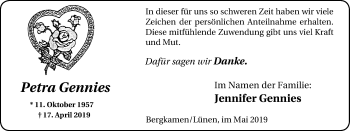 Traueranzeige von Petra Gennies von Stadtspiegel Kamen + Unna