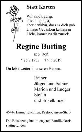 Traueranzeige von Regine Buiting von Stadtanzeiger Emmerich/Rees/Isselburg