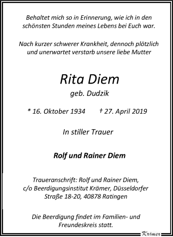 Traueranzeige von Rita Diem von WVW Anzeigenblätter