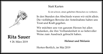 Traueranzeige von Rita Sauer von Stadtspiegel Herten