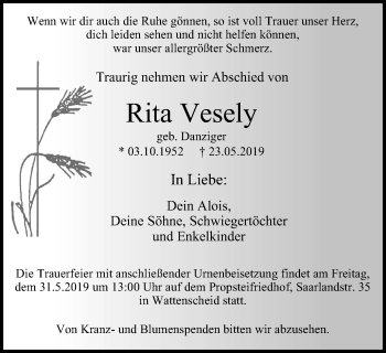 Traueranzeige von Rita Vesely von Stadtspiegel Wattenscheid