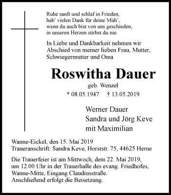 Traueranzeige von Roswitha Dauer von Wochenblatt Herne/Wanne-Eickel
