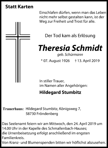 Traueranzeige von Theresia Schmidt von Stadtspiegel Menden + Froendenberg