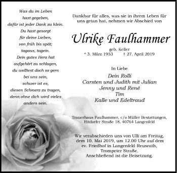 Traueranzeige von Ulrike Faulhammer von Wochen-Anzeiger Langenfeld/Monheim/Hilden