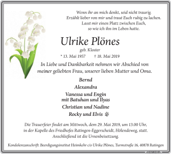 Traueranzeige von Ulrike Plönes von WVW Anzeigenblätter