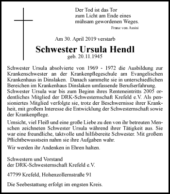Traueranzeige von Ursula Hendl von Niederrhein-Anz. Dinsl./Voerde/Hünxe