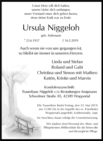 Traueranzeige von Ursula Niggeloh von wap Schwelm/Gevelsberg/Ennepetal