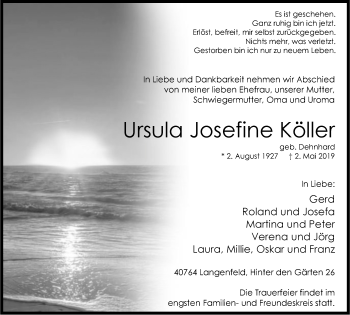 Traueranzeige von Ursula Josefine Köller von Wochen-Anzeiger Langenfeld/Monheim/Hilden
