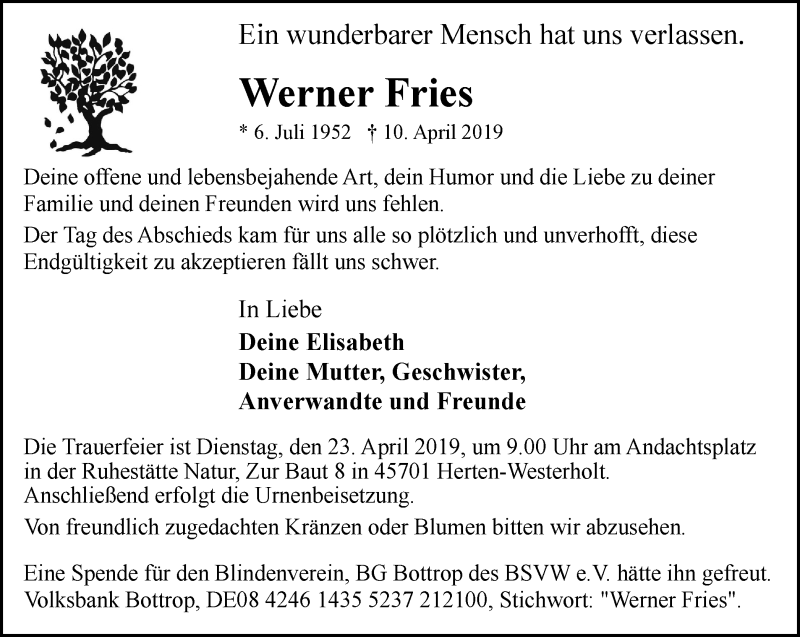  Traueranzeige für Werner Fries vom 20.04.2019 aus Stadtspiegel Bottrop