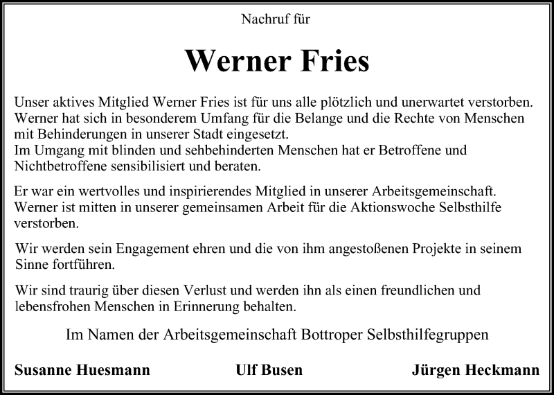  Traueranzeige für Werner Fries vom 20.04.2019 aus Stadtspiegel Bottrop