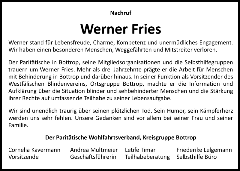  Traueranzeige für Werner Fries vom 20.04.2019 aus Stadtspiegel Bottrop