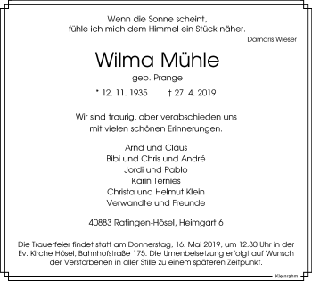 Traueranzeige von Wilma Mühle von WVW Anzeigenblätter