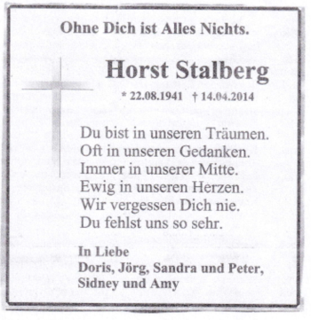 Traueranzeige von Horst Stalberg von WOCHEN-ANZEIGER OBERHAUSEN