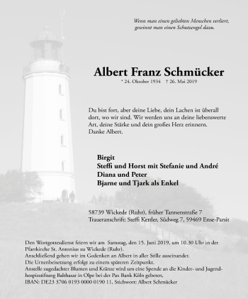 Traueranzeige von Albert Franz Schmücker von Stadtspiegel Menden + Froendenberg