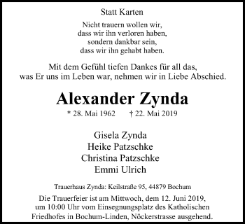 Traueranzeige von Alexander Zynda von Stadtspiegel Bochum