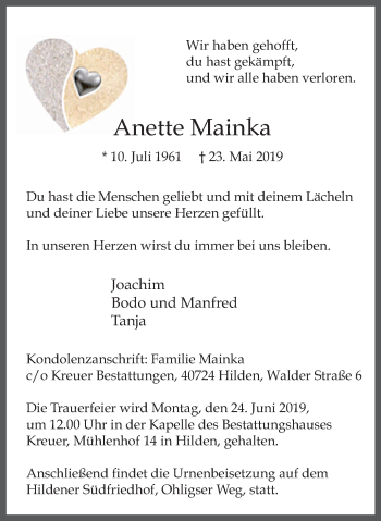 Traueranzeige von Anette Mainka von Wochen-Anzeiger Langenfeld/Monheim/Hilden