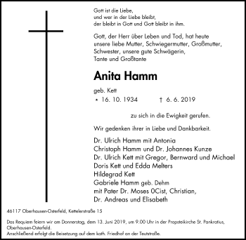 Traueranzeige von Anita Hamm von Wochen-Anzeiger Oberhausen