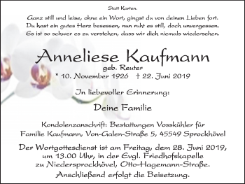 Traueranzeige von Anneliese Kaufmann von Stadtspiegel Hattingen/Niedersprockhövel