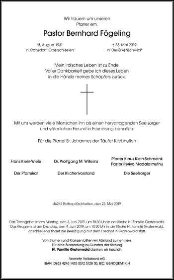 Traueranzeige von Bernhard Fögeling von Stadtspiegel Bottrop