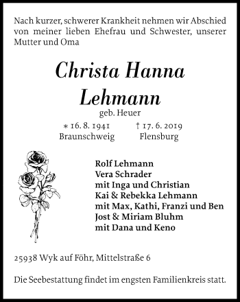 Traueranzeige von Christa Hanna Lehmann von WVW Anzeigenblätter