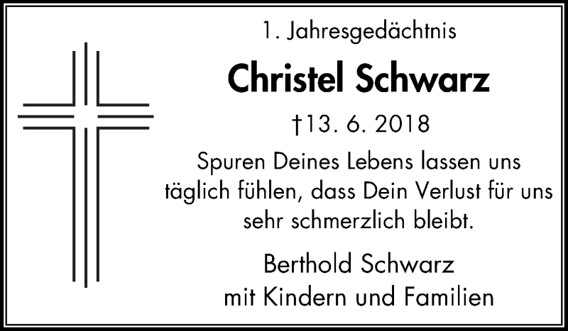  Traueranzeige für Christel Schwarz vom 15.06.2019 aus Wochen-Anzeiger Oberhausen