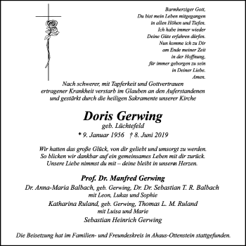 Traueranzeige von Doris Gerwing von Stadtspiegel Bottrop