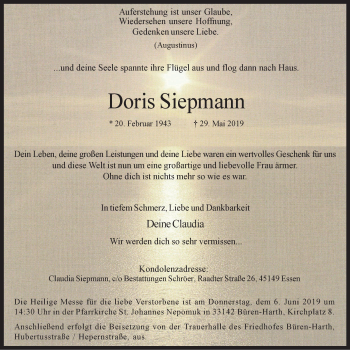 Traueranzeige von Doris Siepmann von Stadtspiegel Essen