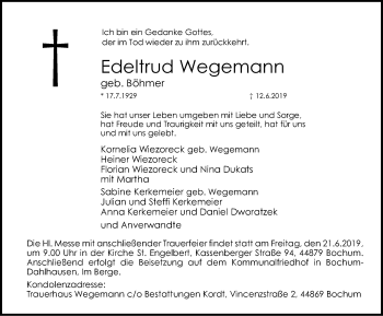 Traueranzeige von Edeltrud Wegemann von Stadtspiegel Bochum