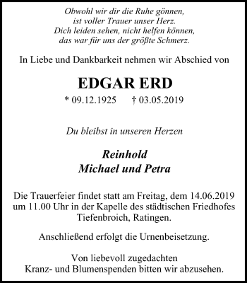 Traueranzeige von Edgar Erd von WVW Anzeigenblätter