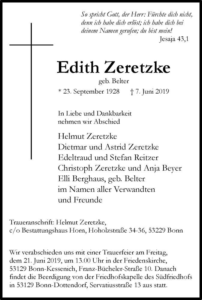  Traueranzeige für Edith Zeretzke vom 15.06.2019 aus Stadtspiegel Menden+Fröndenberg+Iserlohn/Hemer