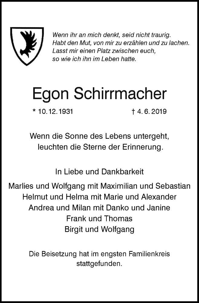  Traueranzeige für Egon Schirrmacher vom 08.06.2019 aus Ruhr Kurier