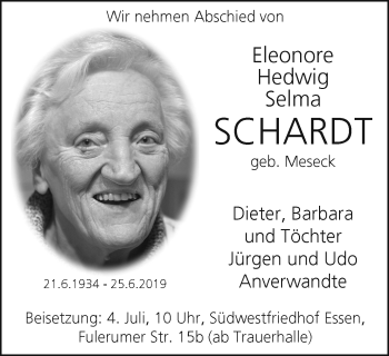 Traueranzeige von Eleonore Hedwig Selma Schardt von Mülheimer Woche