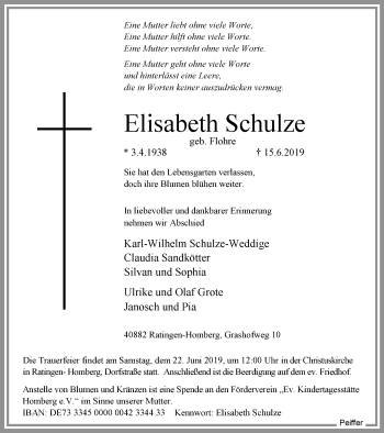 Traueranzeige von Elisabeth Schulze von WVW Anzeigenblätter