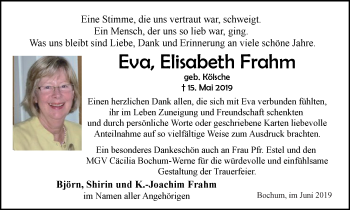 Traueranzeige von Eva Elisabeth Frahm von Stadtspiegel Bochum