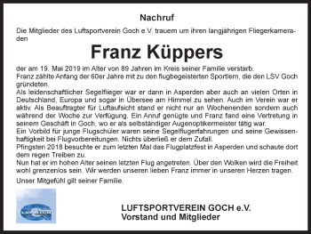 Traueranzeige von Franz Küppers von Gocher Wochenblatt