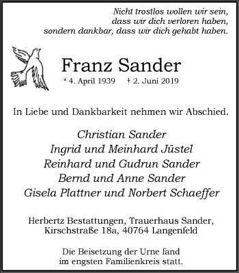 Traueranzeige von Franz Sander von Wochen-Anzeiger Langenfeld/Monheim/Hilden