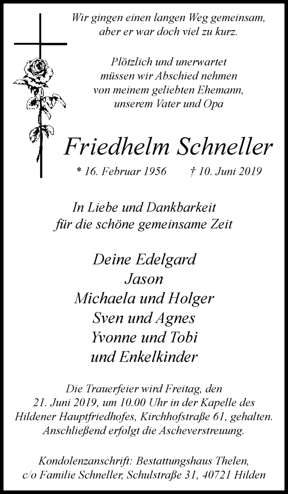  Traueranzeige für Friedhelm Schneller vom 19.06.2019 aus Wochen-Anzeiger Langenfeld/Monheim/Hilden