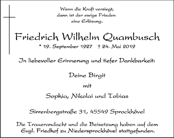 Traueranzeige von Friedrich Wilhelm Quambusch von Stadtspiegel Hattingen/Niedersprockhövel