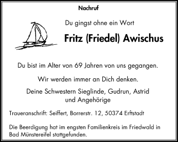Traueranzeige von Fritz Awischus von Wochen-Anzeiger Oberhausen