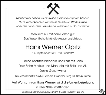 Traueranzeige von Hans Werner Opitz von Stadtspiegel Kamen + Unna