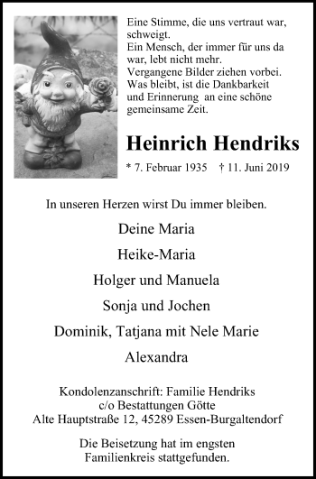 Traueranzeige von Heinrich Hendriks von Stadtspiegel Hattingen/Niedersprockhövel