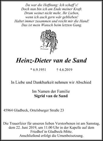 Traueranzeige von Heinz-Dieter van de Sand von Stadtspiegel Gladbeck