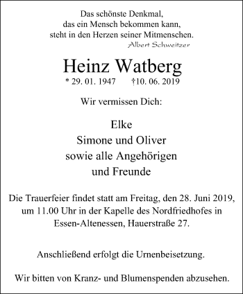 Traueranzeige von Heinz Watberg von Nord Anzeiger Essen