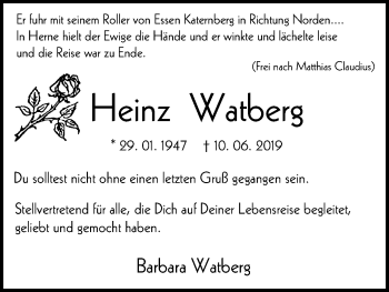 Traueranzeige von Heinz Watberg von Mülheimer Woche
