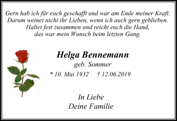 Traueranzeige von Helga Bennemann von Stadtspiegel Bochum