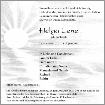 Traueranzeige von Helga Lenz von Wochenblatt Herne/Wanne-Eickel