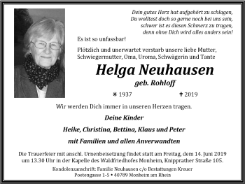 Traueranzeige von Helga Neuhausen von Wochen-Anzeiger Langenfeld/Monheim/Hilden