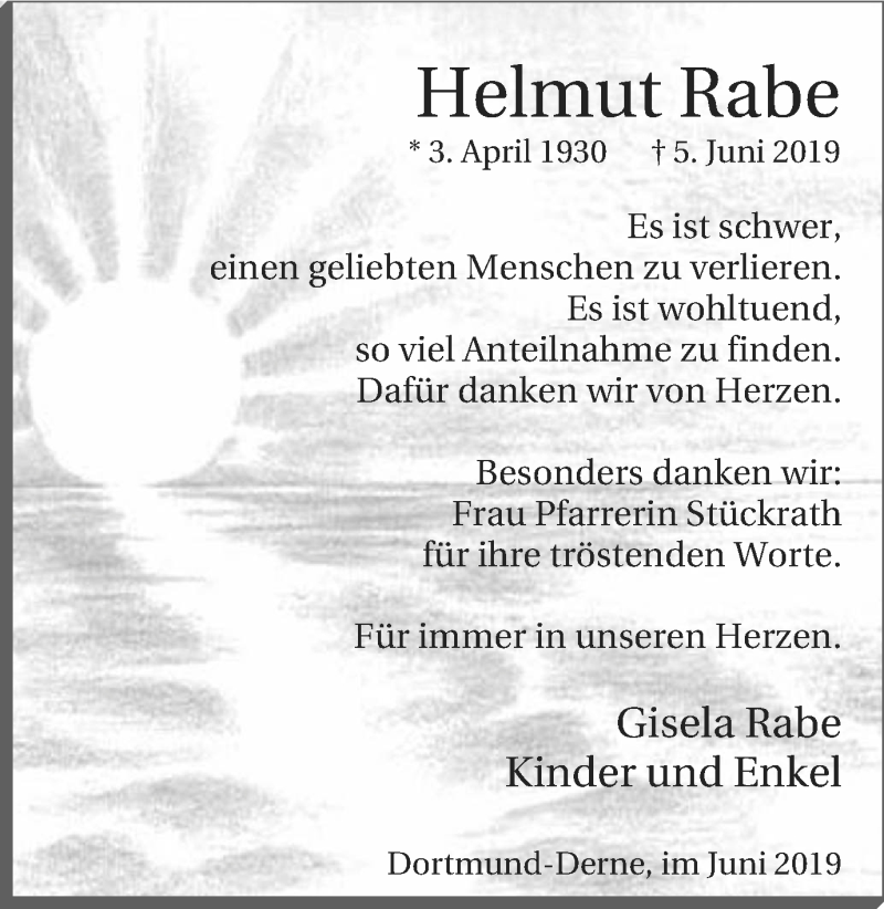 Traueranzeige für Helmut Rabe vom 29.06.2019 aus Lüner Anzeiger