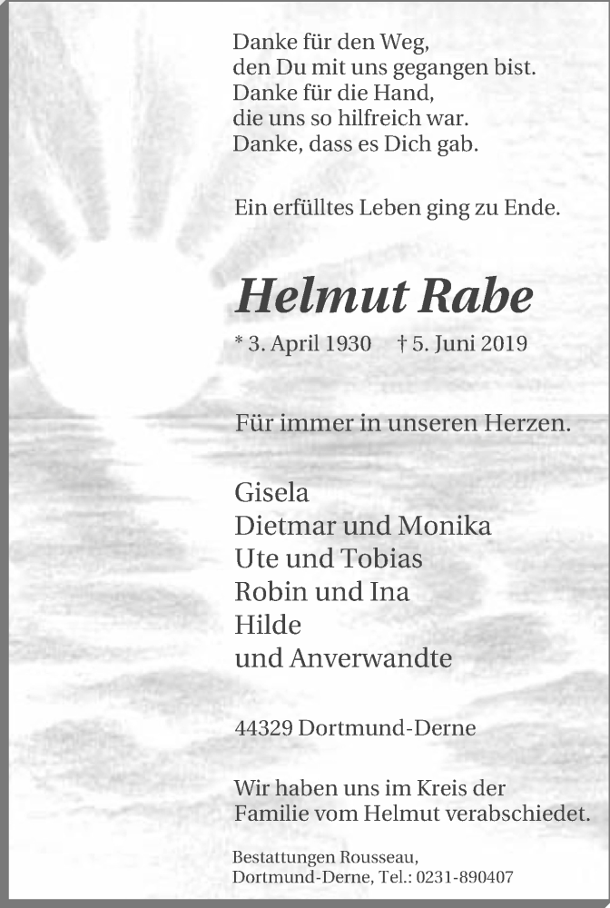  Traueranzeige für Helmut Rabe vom 15.06.2019 aus Lüner Anzeiger
